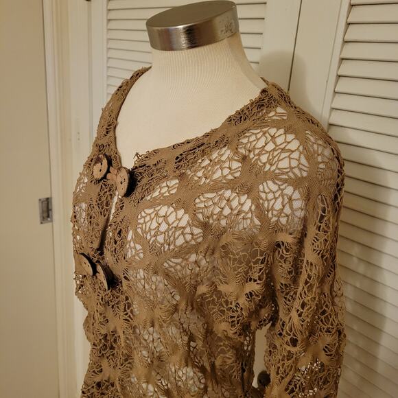 Adore Medium Tan Crochet Lace Button Front Cardigan Boho Layering Top - Picture 3 of 8